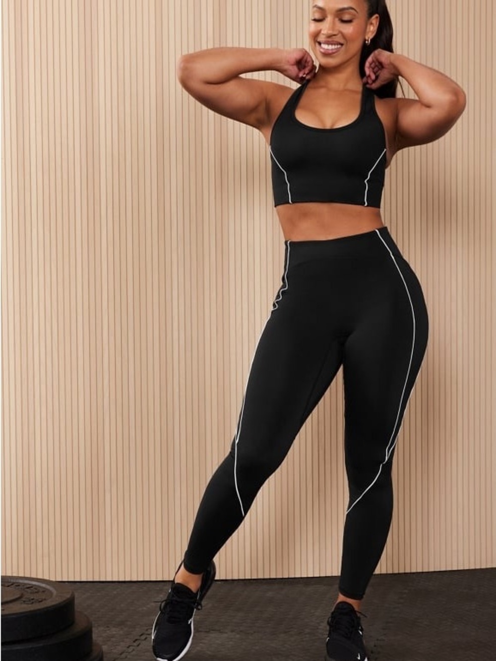 Fabletics Black Athletic Crop Tank with White Piping